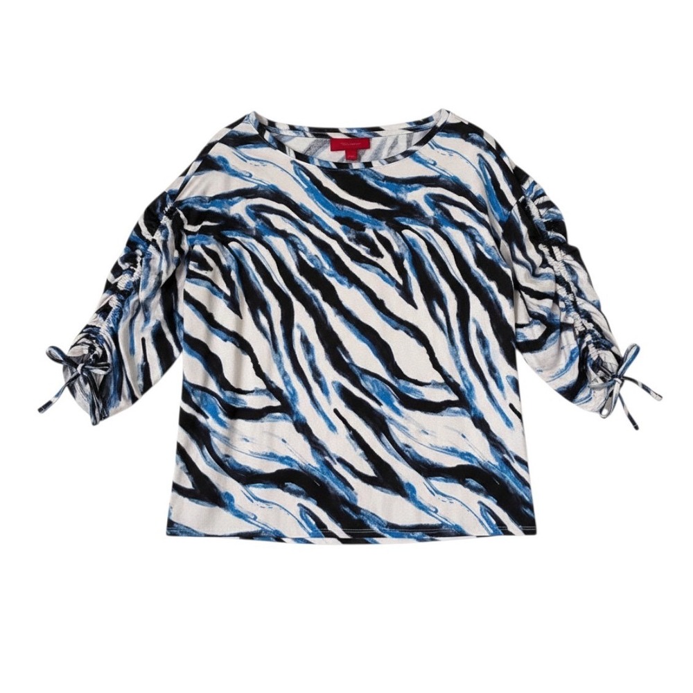 Jennifer Lopez Y2K Blue Zebra Animal Print Ruched Tie Sleeve Scoop Neck Top S